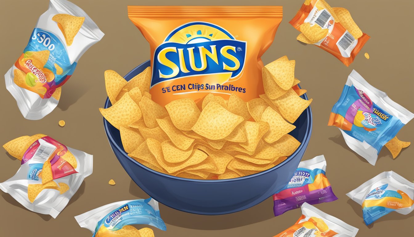 A bag of Sun Chips overflowing from a bowl, surrounded by empty chip wrappers and a nutrition label with serving size information