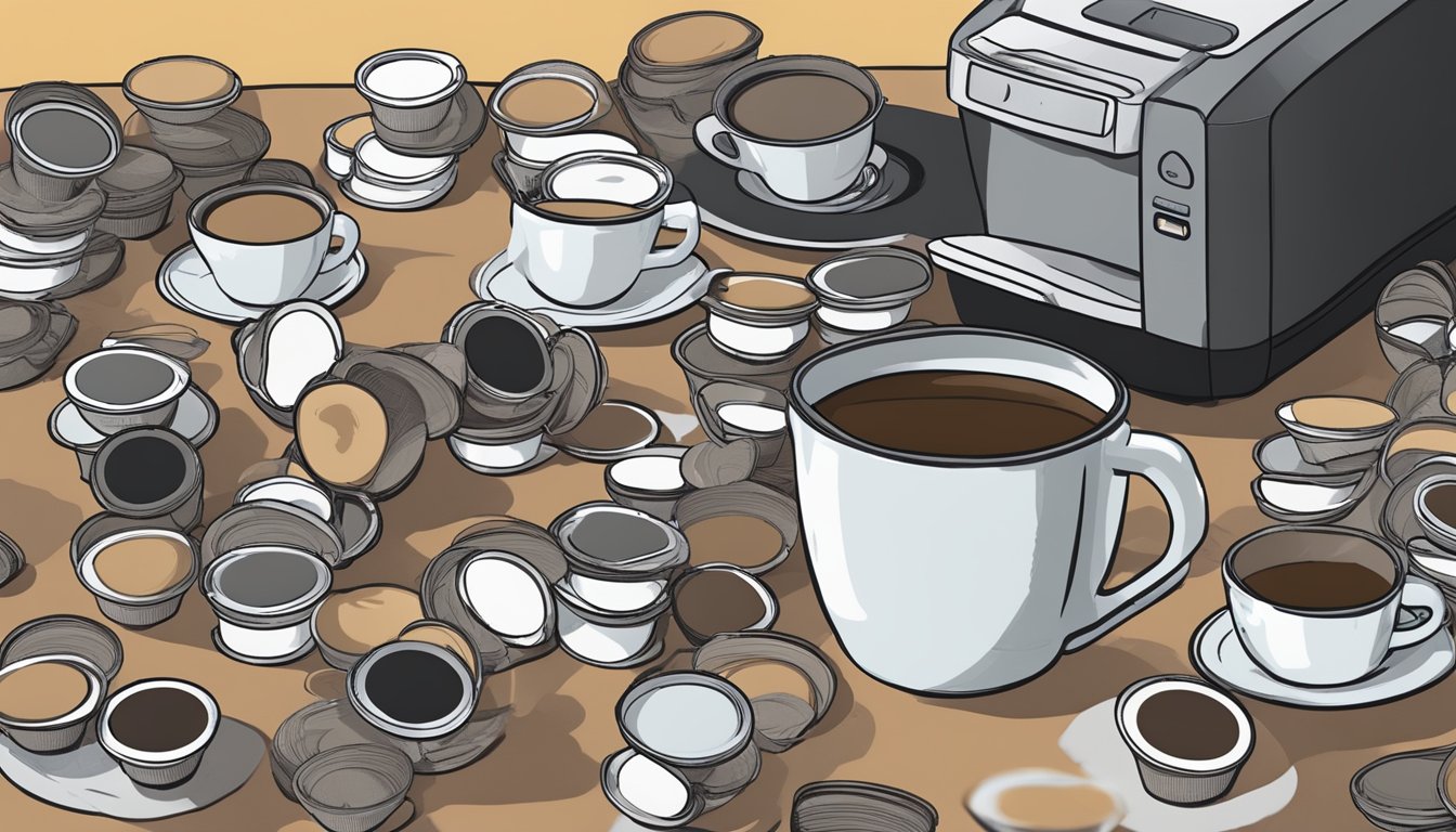 A cluttered kitchen counter with multiple empty and used Keurig K-Cups scattered around a Keurig coffee maker