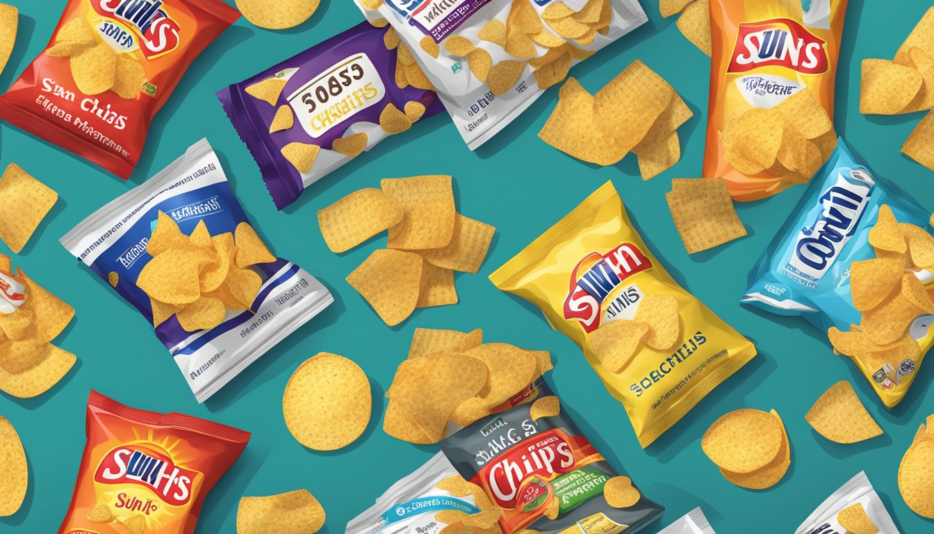 A table with various flavors of Sun Chips bags, a nutrition label, and a pile of chips