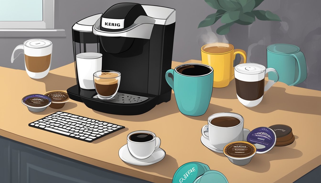 A countertop with a Keurig coffee maker surrounded by a variety of K-cup flavors, with a mug filled with coffee next to it