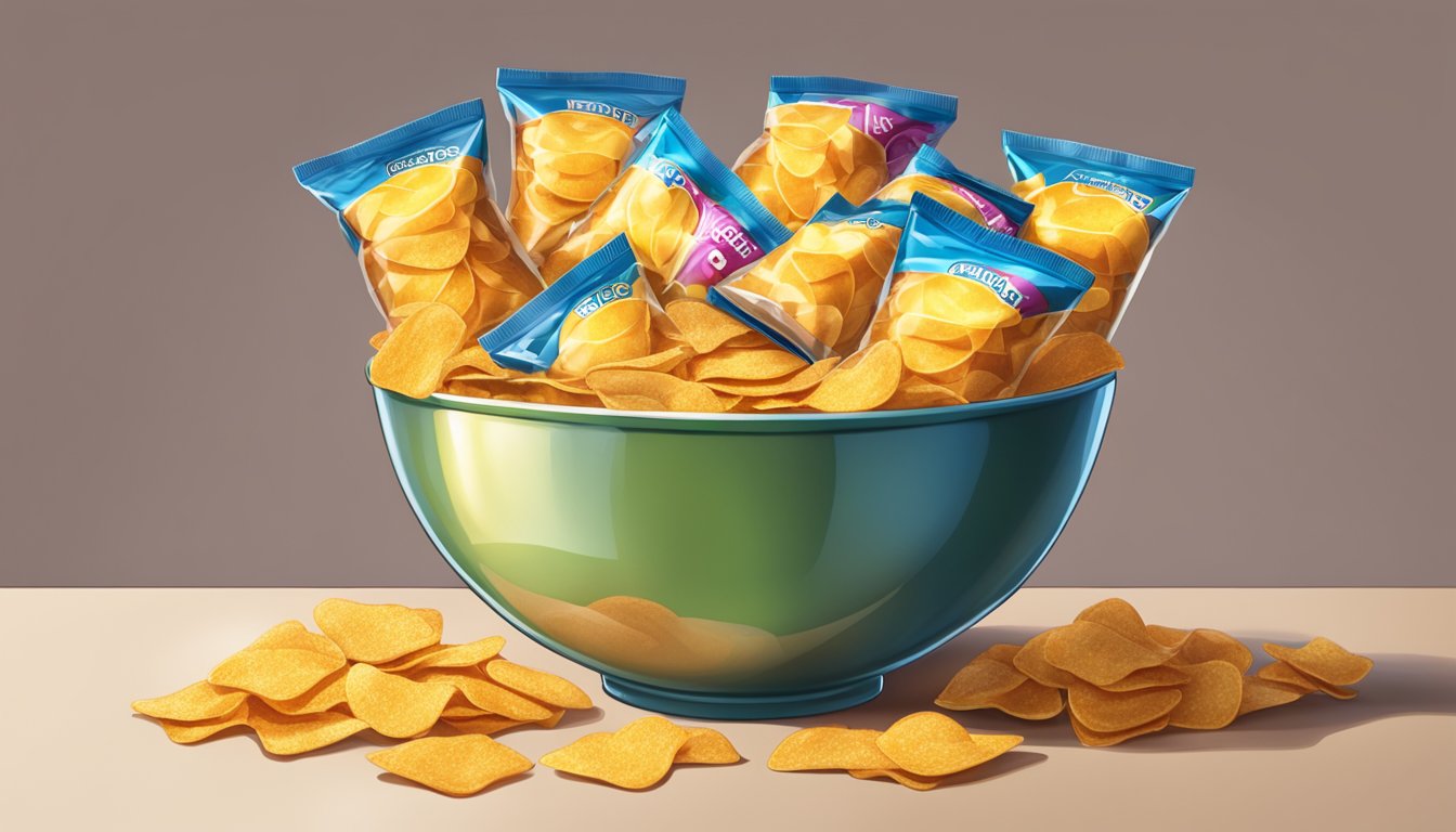 A bowl overflowing with Sun Chips, surrounded by empty bags