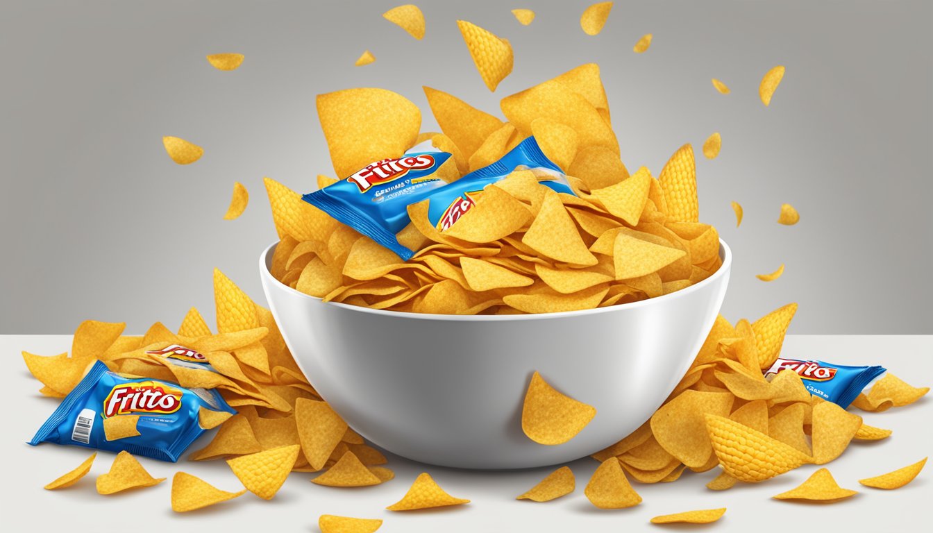 A bowl overflowing with Fritos Corn Chips, surrounded by empty chip bags