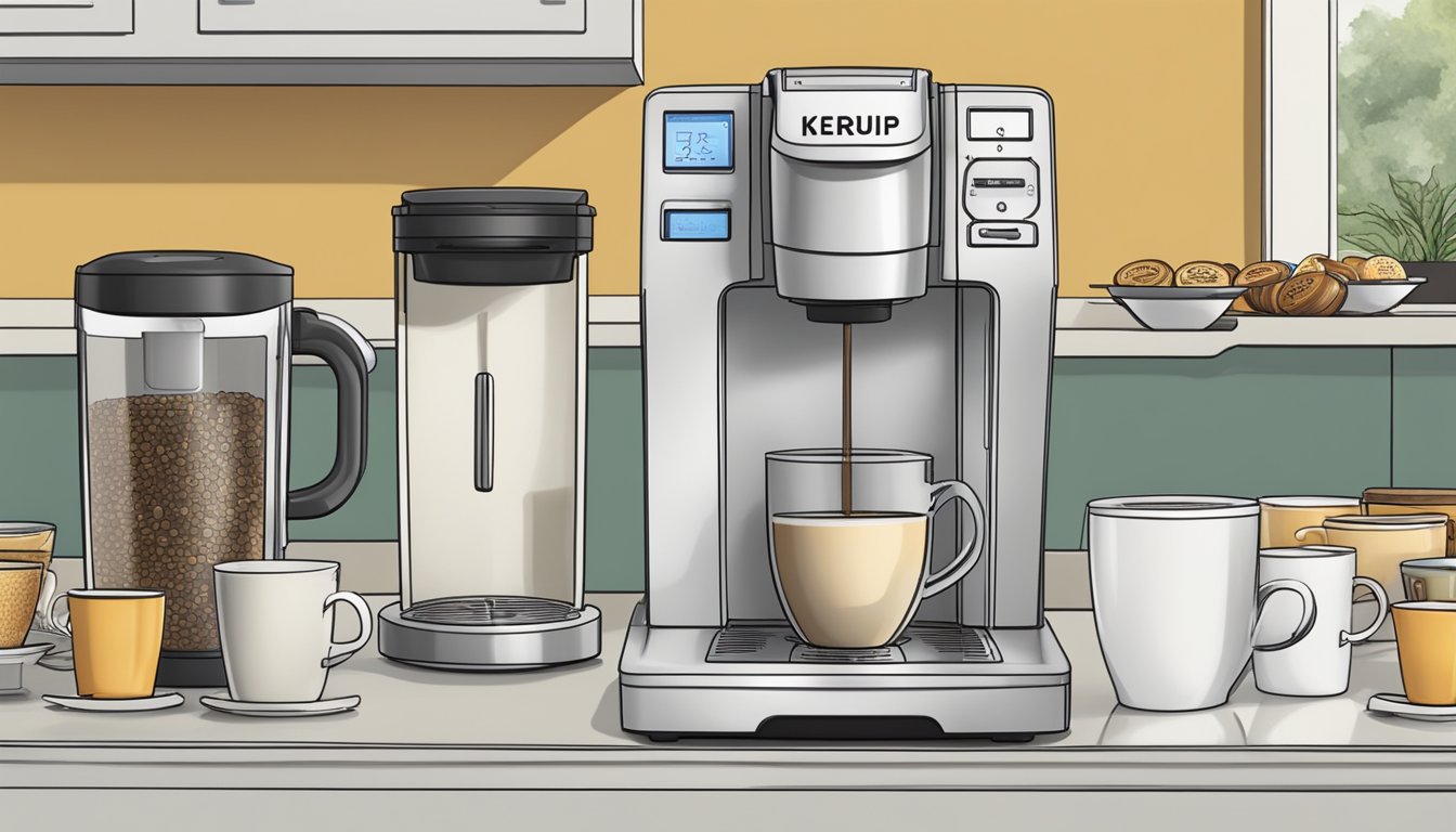 A kitchen counter with multiple Keurig machines brewing numerous cups of K-cups in a day