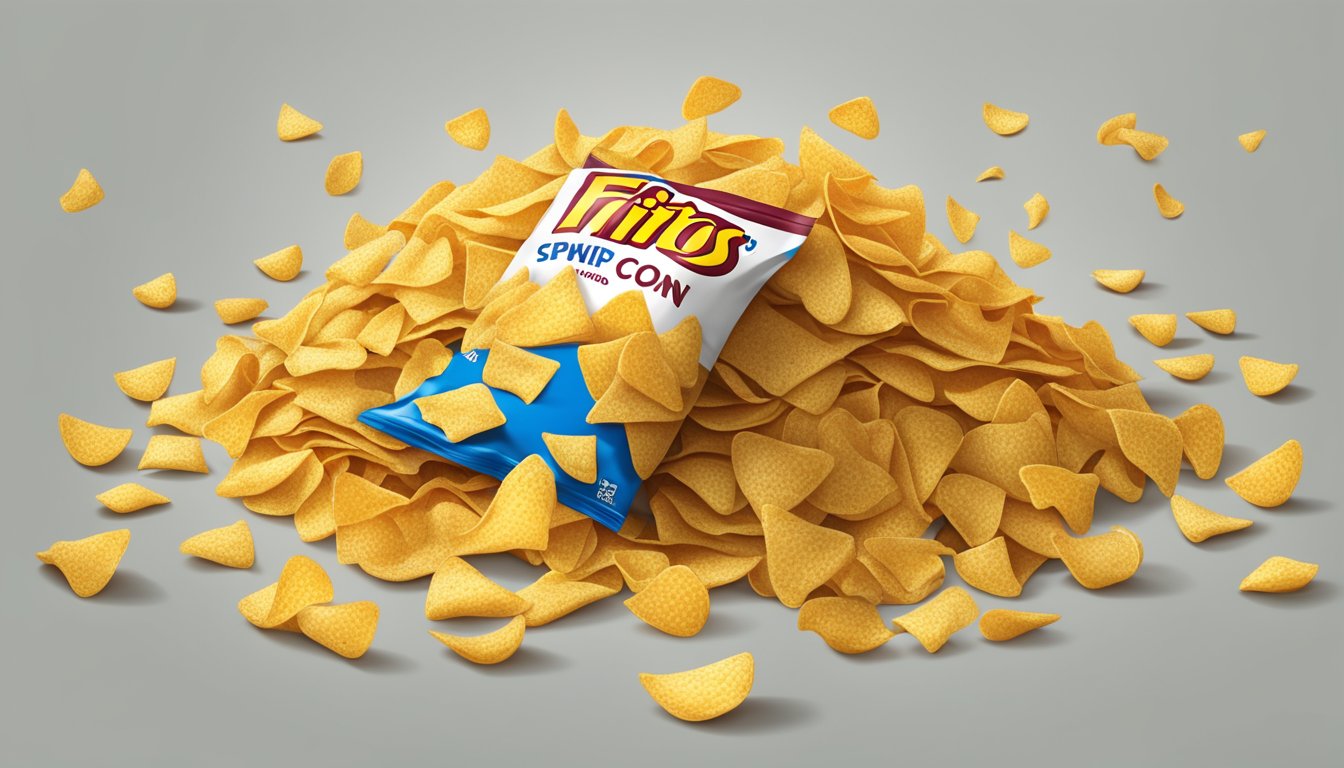 A pile of Fritos corn chips spilling out of a large, overturned bag, with a small portion separated to indicate a single serving size