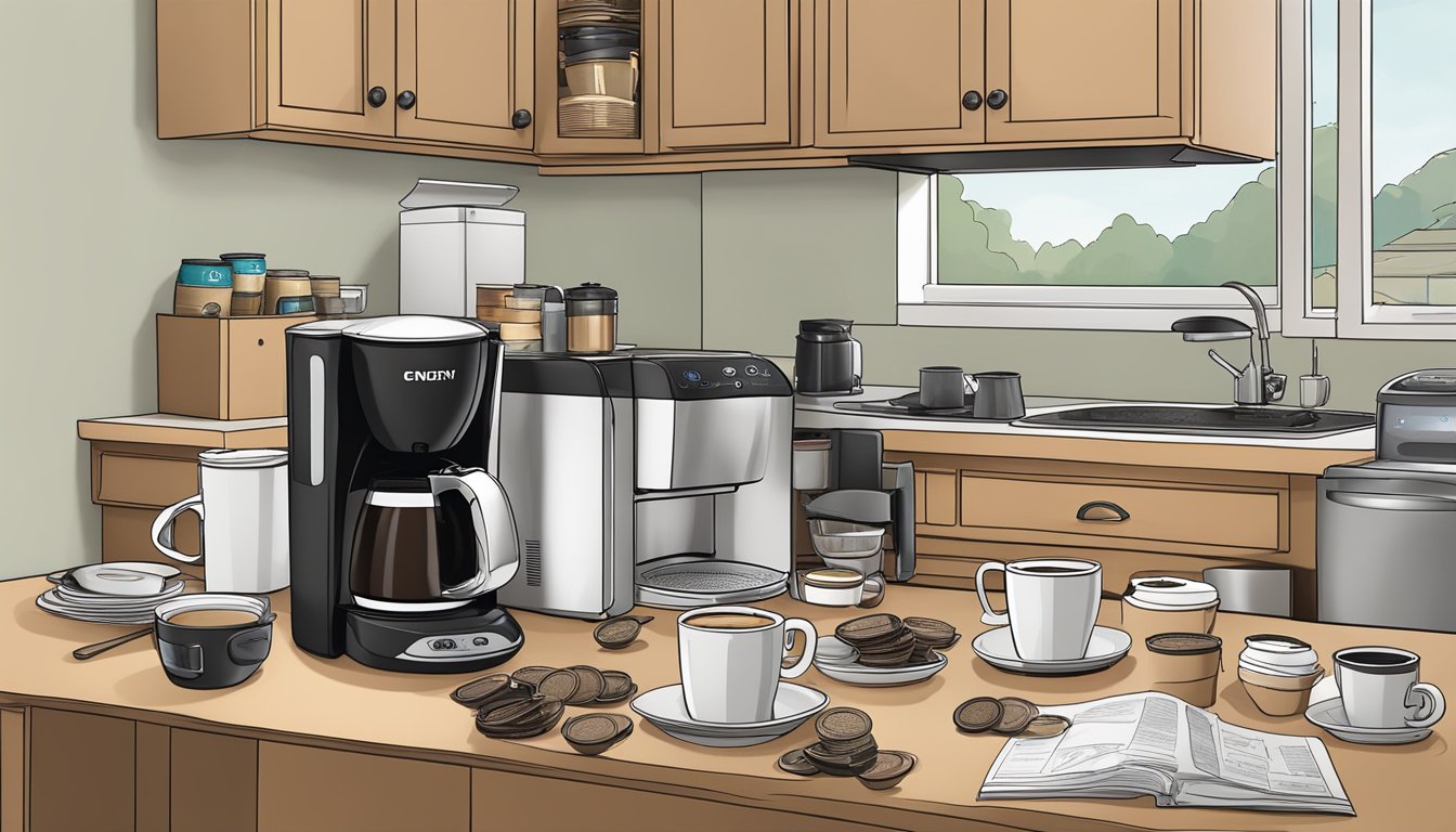 A cluttered kitchen counter with multiple empty and full Keurig K-cup boxes, a coffee maker, and used coffee mugs scattered around