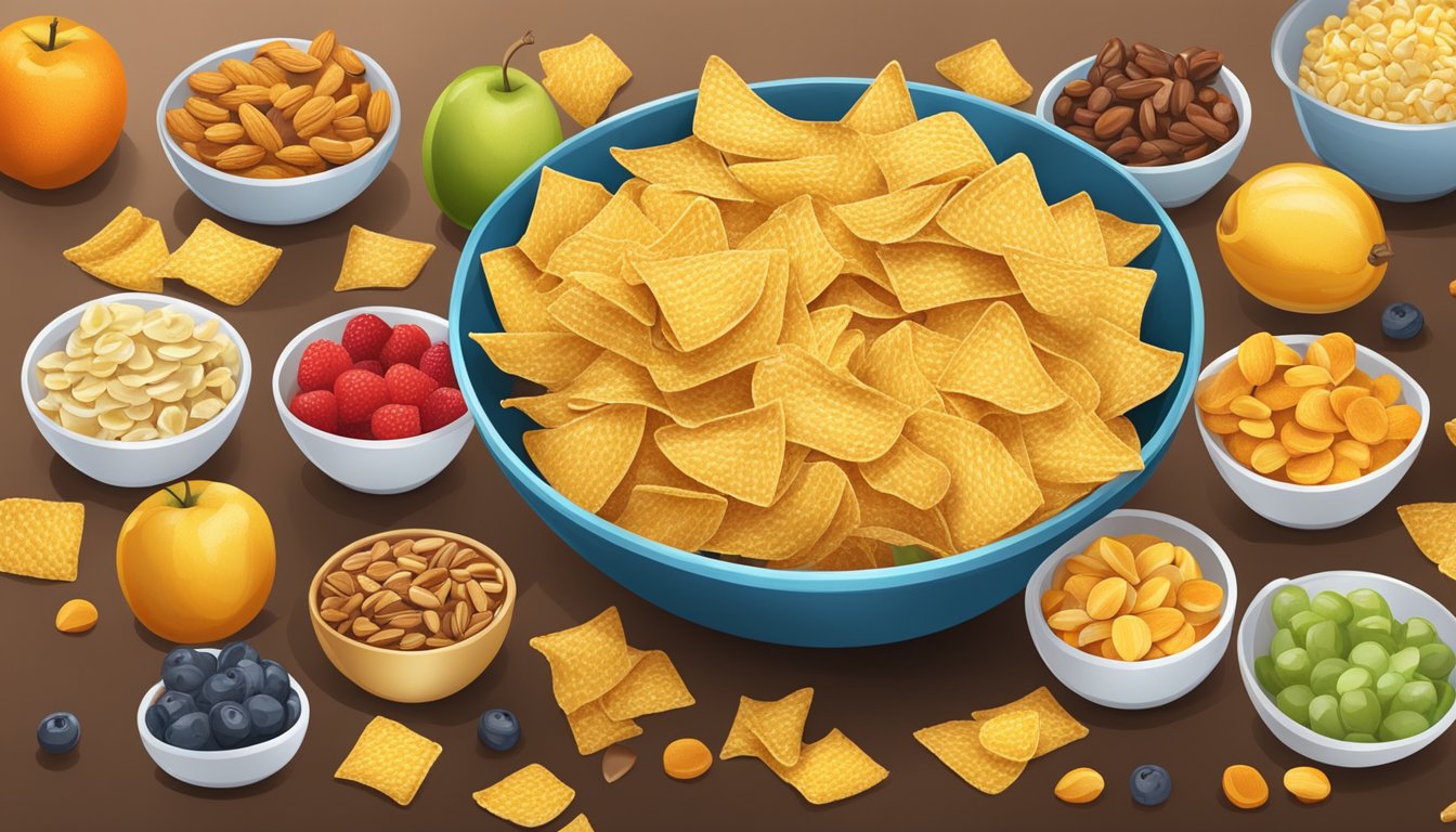 A bowl of Fritos corn chips overflowing on a table, surrounded by various healthy snack options like fruits and nuts