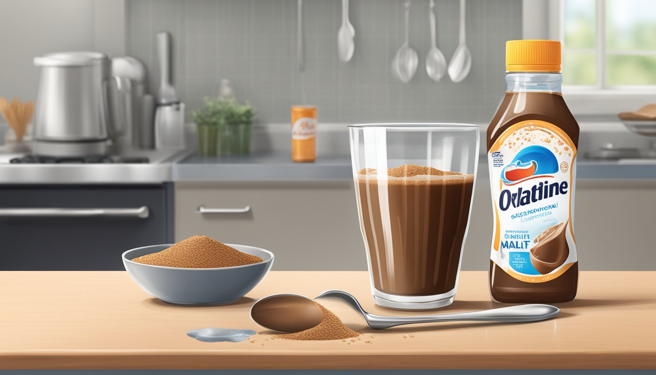 A kitchen counter with a scoop of Ovaltine malt drink mix next to a measuring spoon and a glass of water