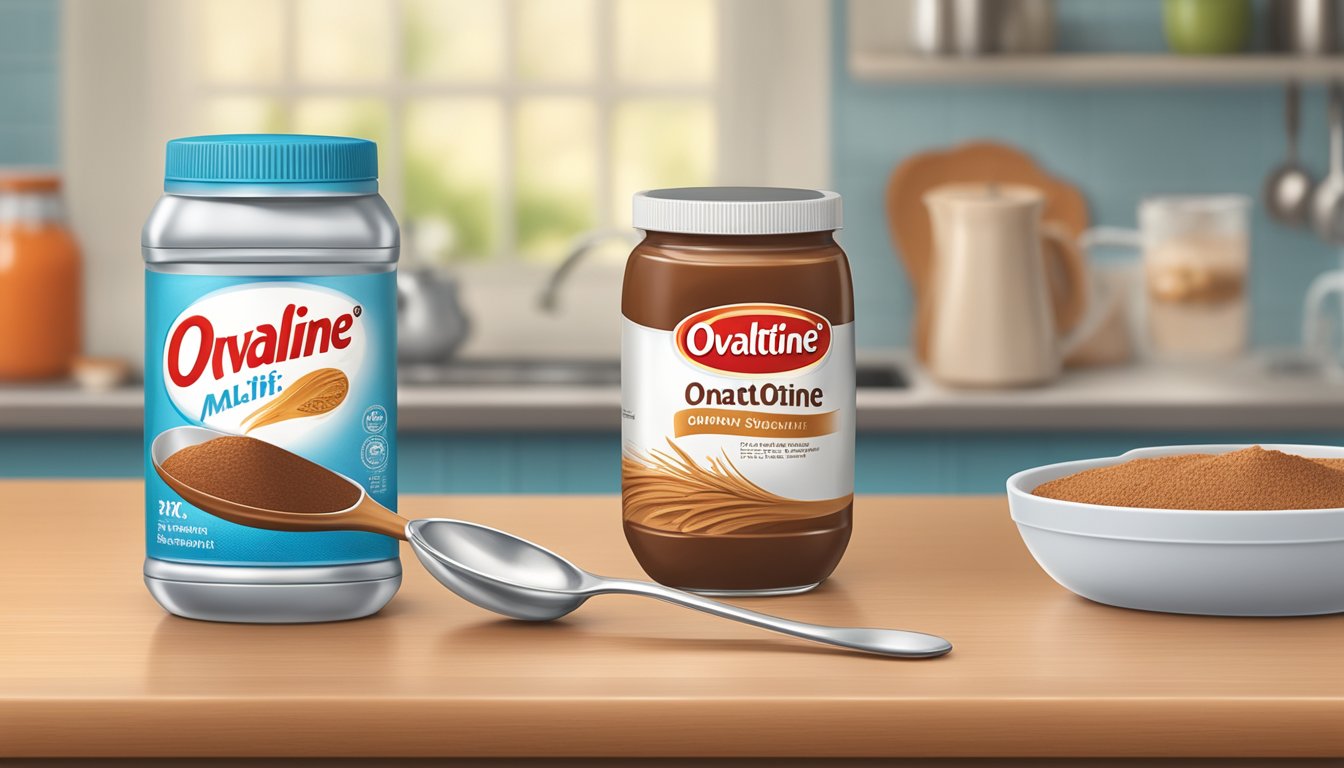 A kitchen counter with a spoon and a glass of Ovaltine malt drink mix next to a measuring cup, with the Ovaltine container in the background