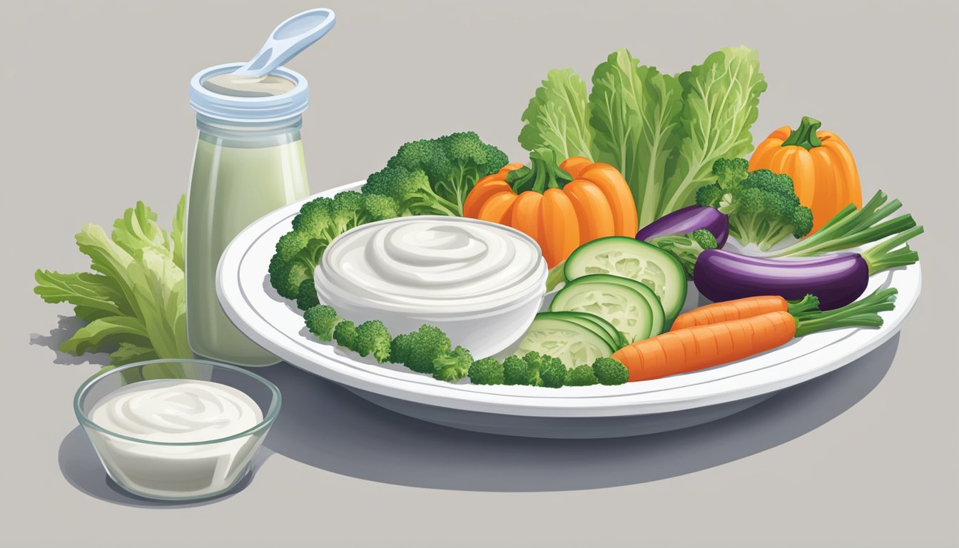 A bottle of Hidden Valley Ranch dressing overflowing onto a plate of vegetables, with a measuring cup next to it