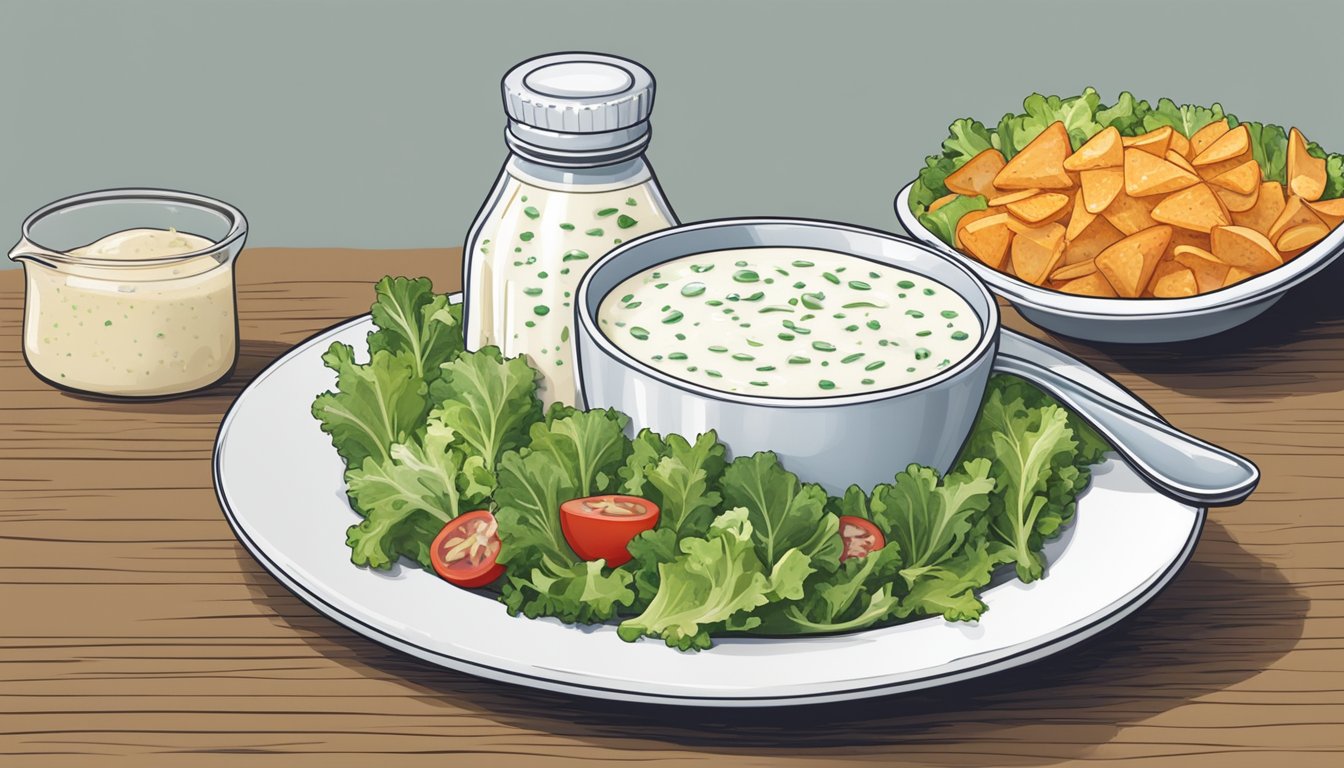 A bottle of ranch dressing overflowing onto a plate of salad, with a measuring cup showing excessive portion