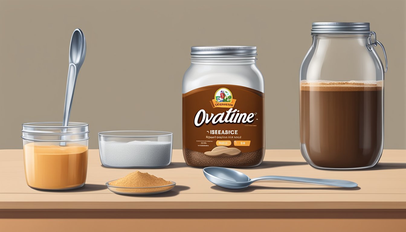 A kitchen counter with a jar of Ovaltine Drink Mix, a measuring spoon, and a glass of the drink