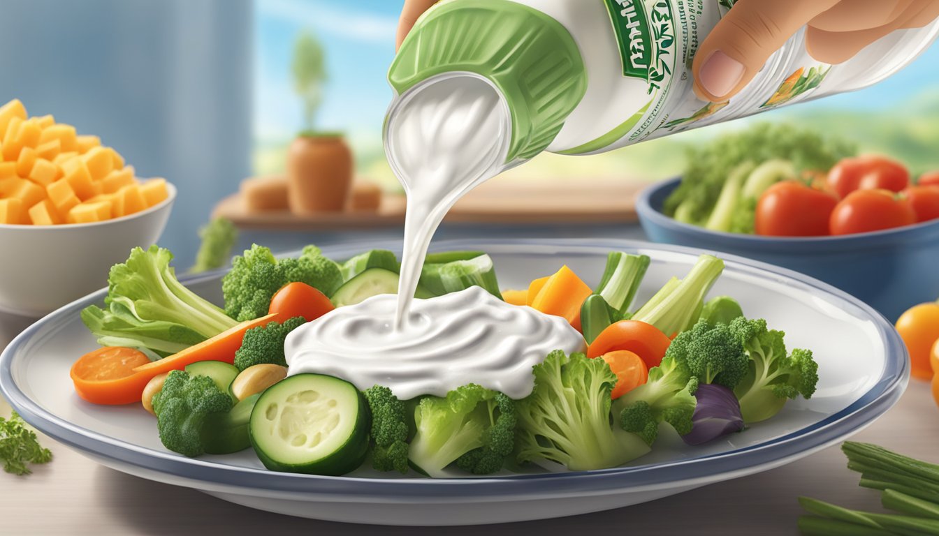 A bottle of Hidden Valley Ranch dressing pouring excessively over a plate of vegetables