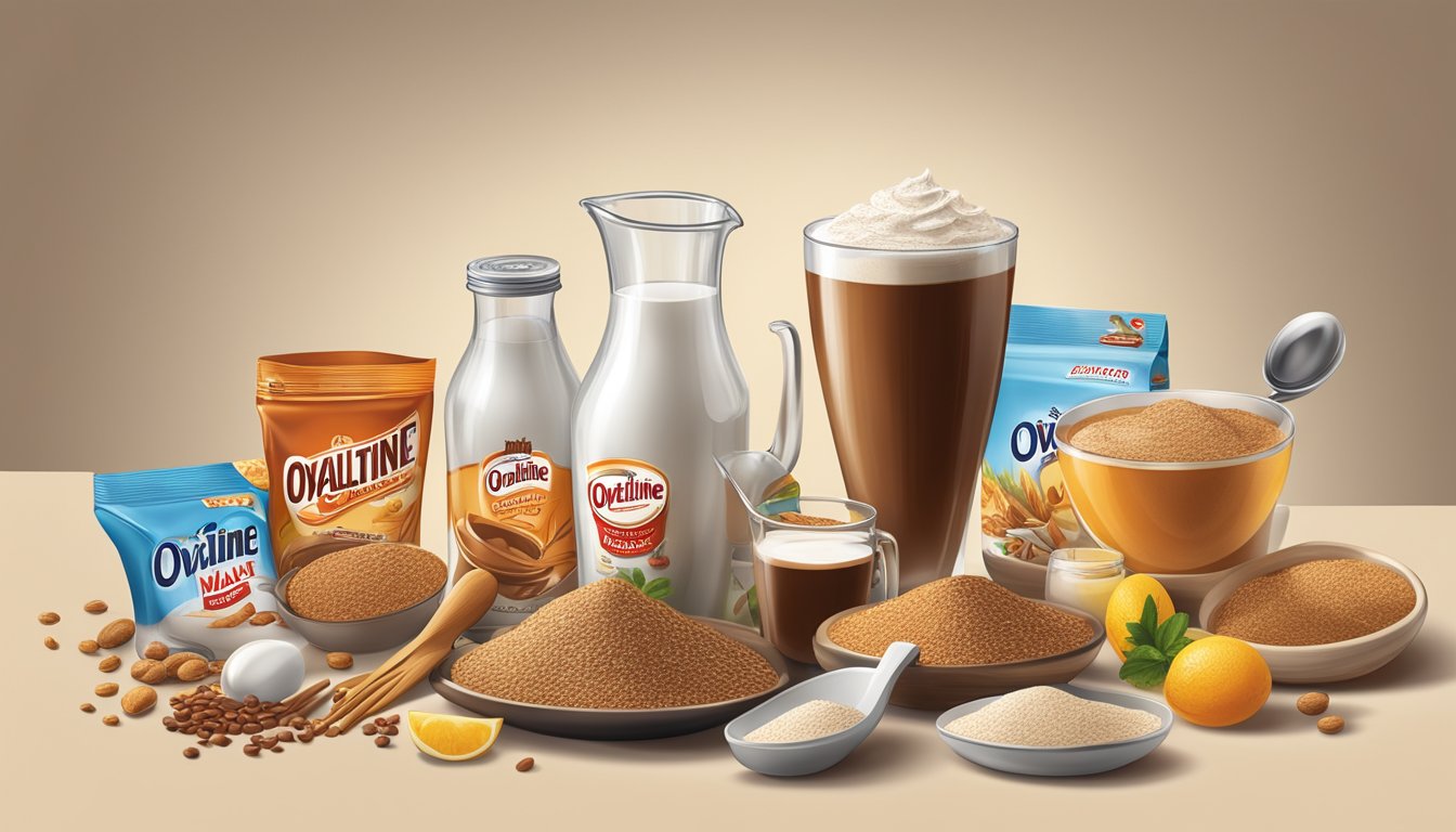 A glass of Ovaltine malt drink mix overflowing with creativity, surrounded by various ingredients and kitchen utensils, ready to be incorporated into innovative recipes