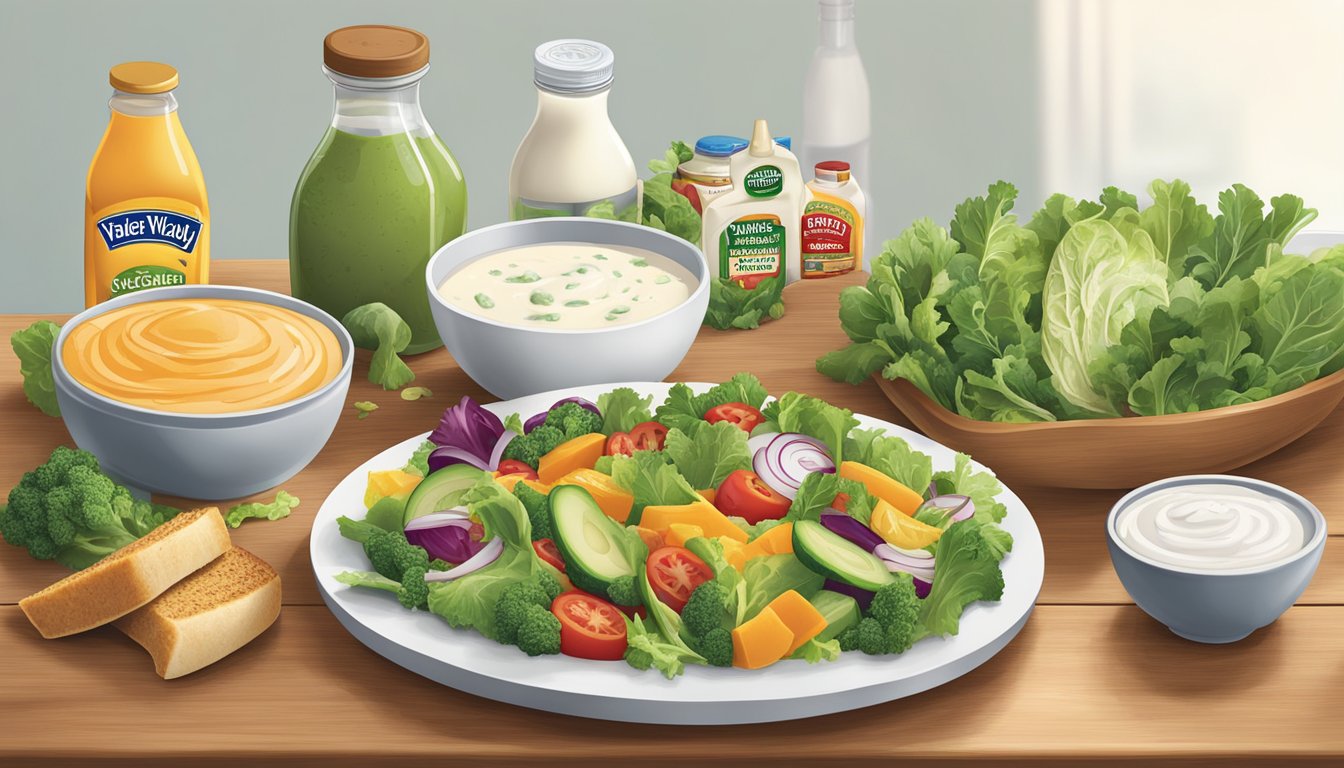 A table with various food items, including salads and vegetables, with a bottle of Hidden Valley Ranch dressing being poured excessively over them