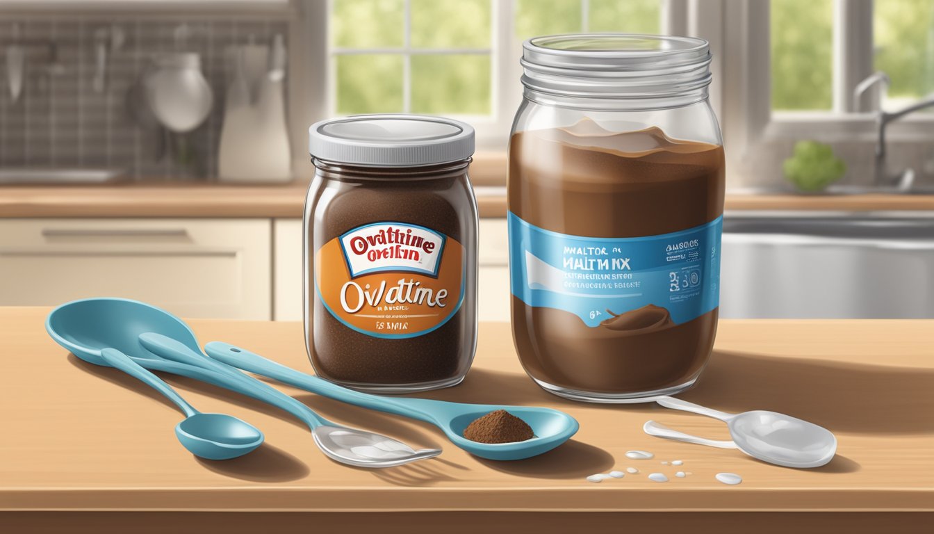 A kitchen counter with a jar of Ovaltine malt drink mix, a measuring spoon, and a glass of water