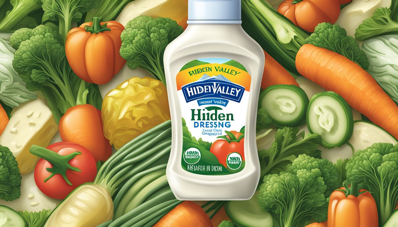 A bottle of Hidden Valley Ranch dressing overflowing onto a plate of vegetables