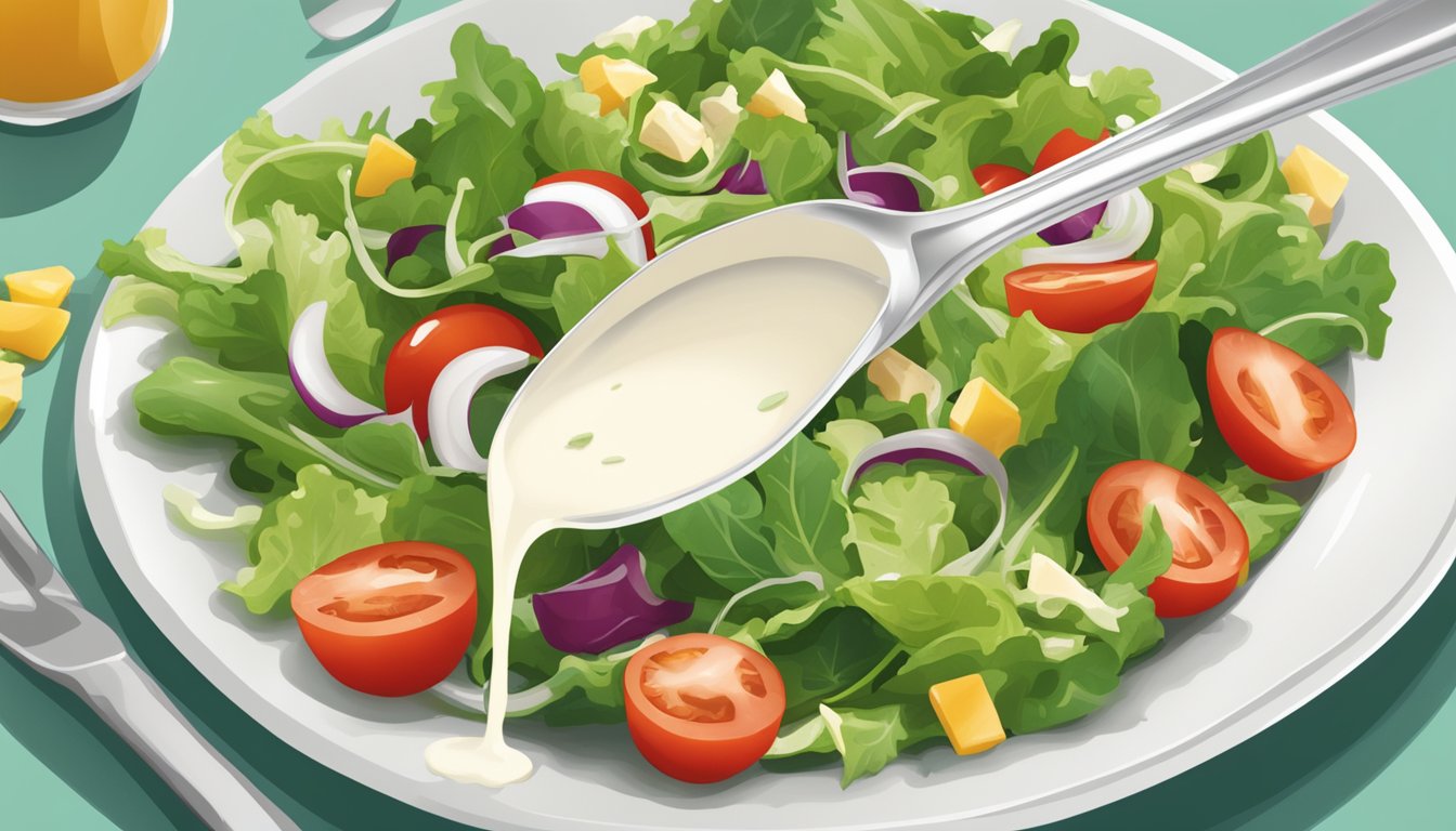 A bottle of ranch dressing pouring excessively over a plate of salad