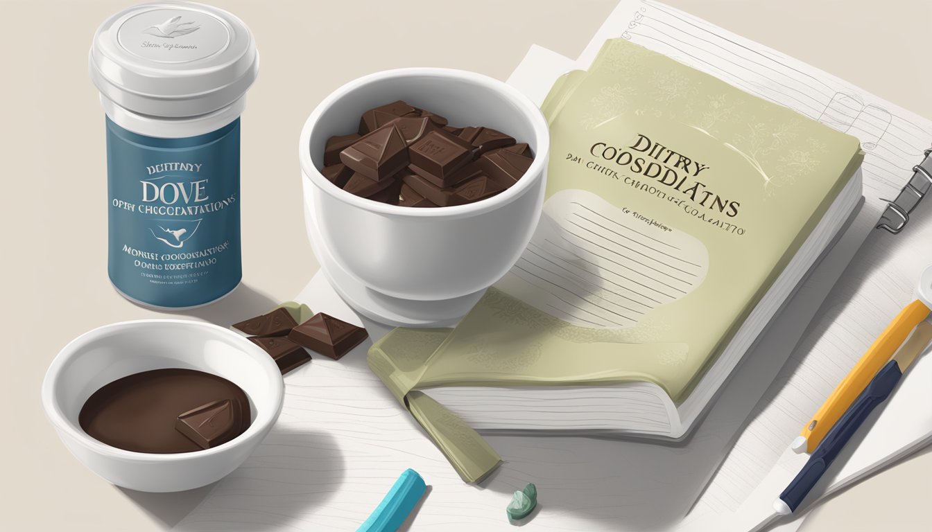 A table with an open bag of Dove dark chocolate, a measuring cup, and a journal with "Dietary Considerations and Moderation" written on it