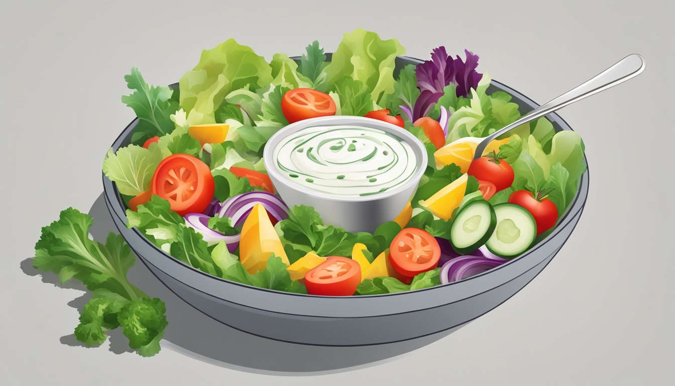 A colorful salad with a variety of fresh vegetables and a drizzle of ranch dressing on top, with a measuring spoon nearby