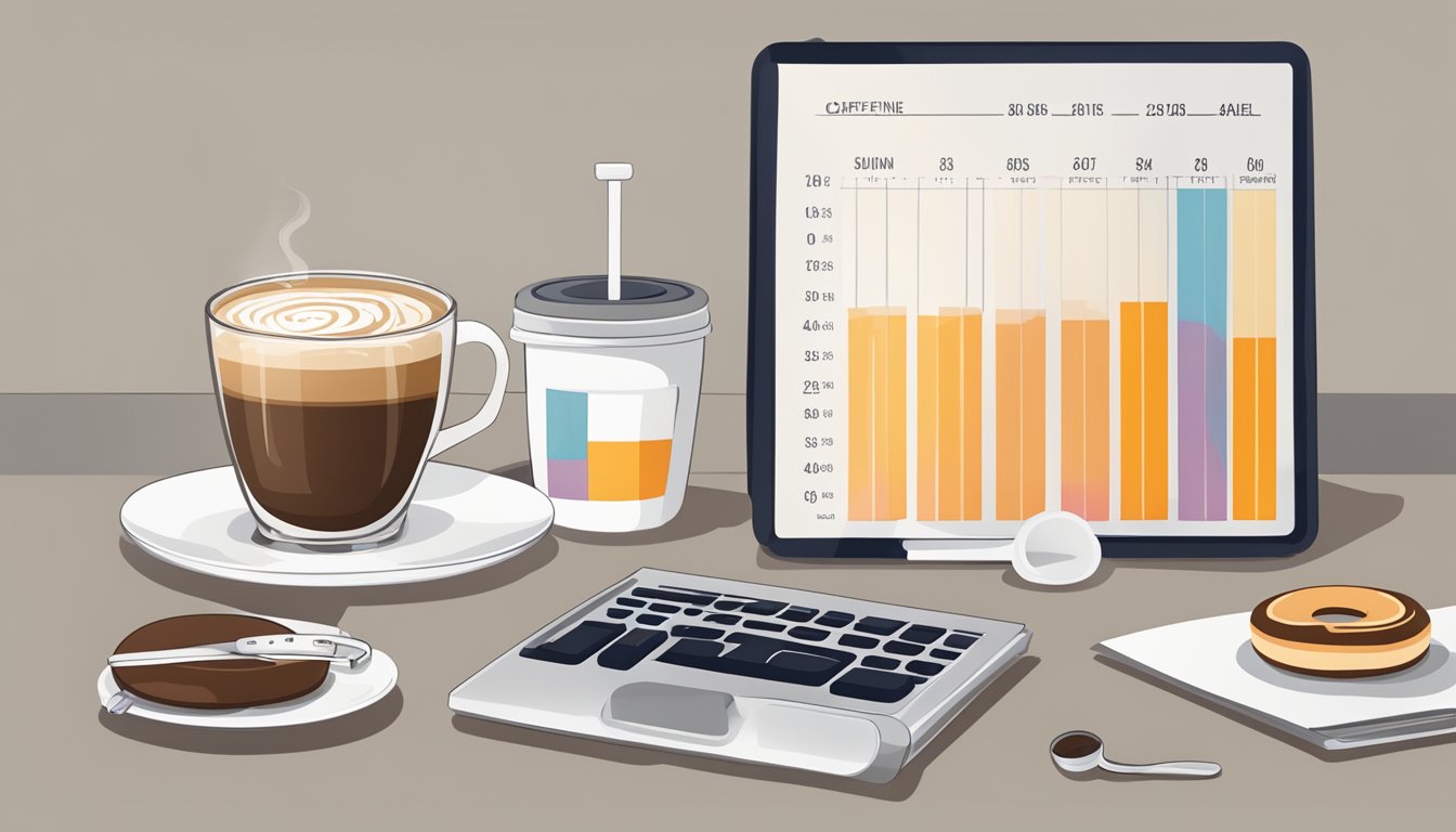 A table with multiple cups of Dunkin' Donuts coffee, a measuring device, and a chart showing caffeine levels