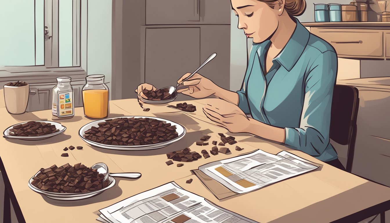 A table with scattered pieces of dark chocolate, a measuring spoon, and a concerned person reading a nutrition label