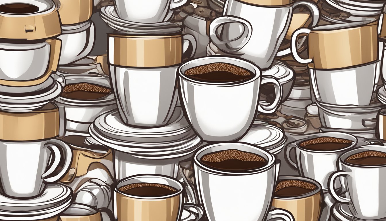 A table with multiple empty Dunkin' Donuts coffee cups stacked on top of each other, surrounded by scattered coffee beans and a steaming coffee pot