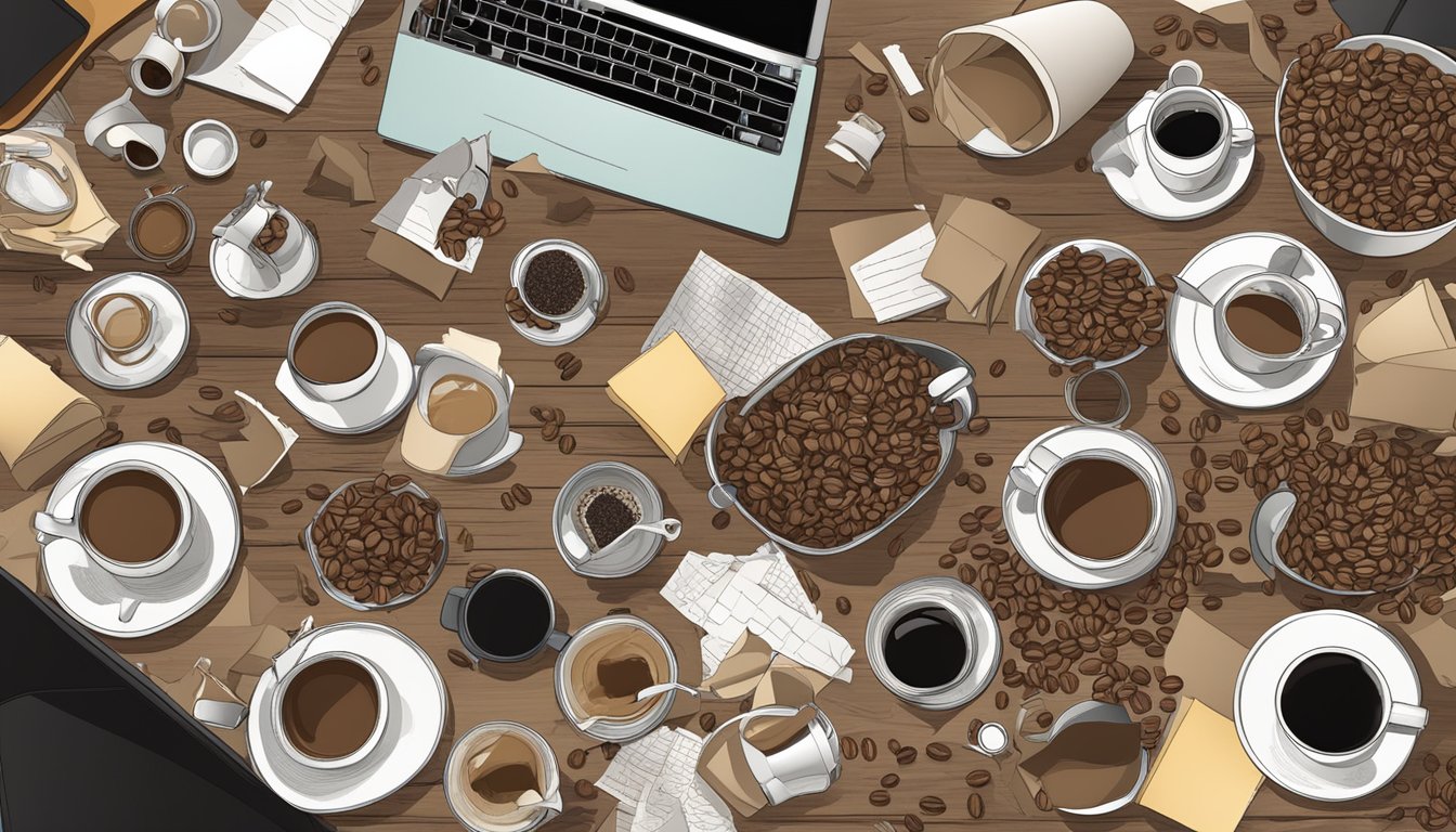 A cluttered desk with multiple empty coffee cups, scattered coffee beans, and a jittery, anxious atmosphere