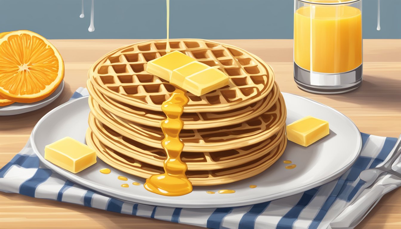 A stack of Eggo waffles on a plate, with a pat of butter and drizzle of syrup, next to a glass of orange juice and a banana