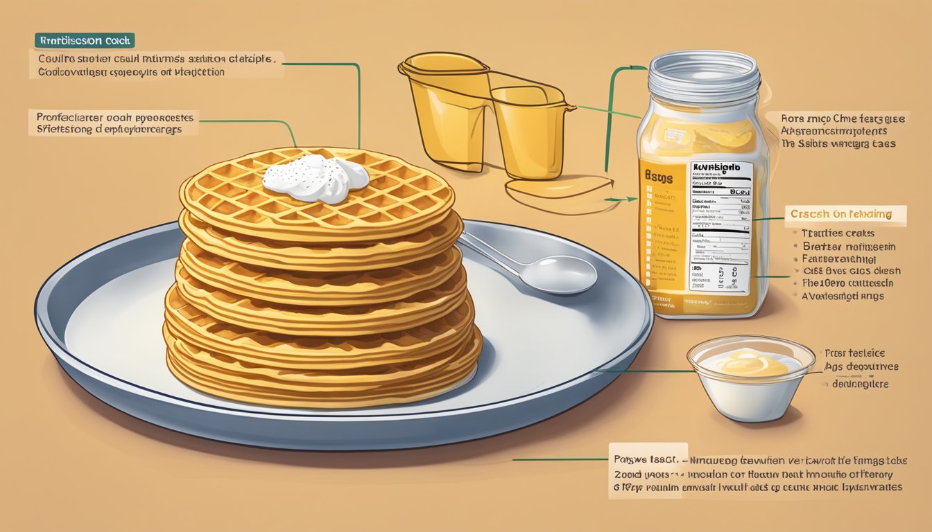 A stack of Eggo waffles on a plate, with a nutrition label and a measuring cup indicating multiple servings