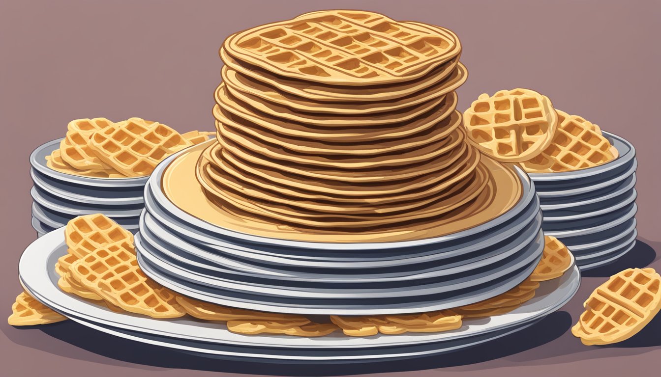 A towering stack of Eggo waffles, with several plates scattered around, each with a growing number of uneaten waffles