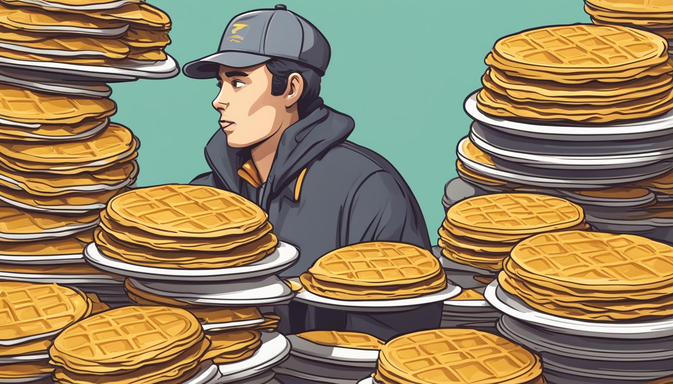 A pile of Eggo waffles stacked high on a plate, surrounded by caution signs and a person holding their stomach in discomfort