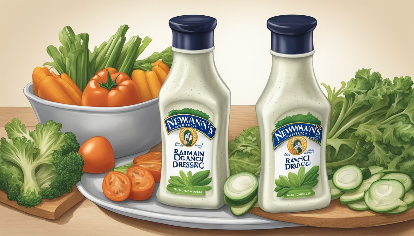 A bottle of Newman's Own Ranch Dressing overflowing onto a plate of vegetables, with excess dressing pooling around the edges