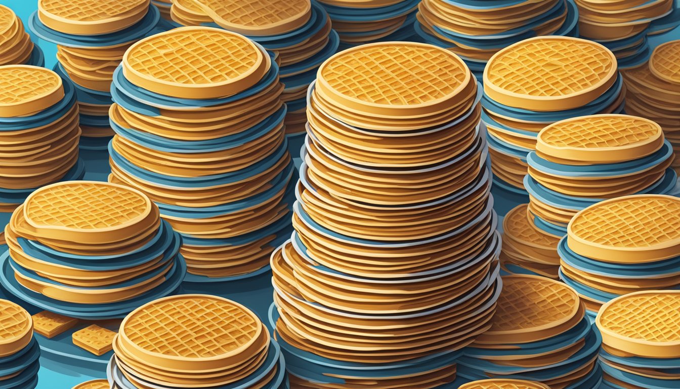 A plate piled high with multiple stacks of Eggo waffles, surrounded by empty boxes