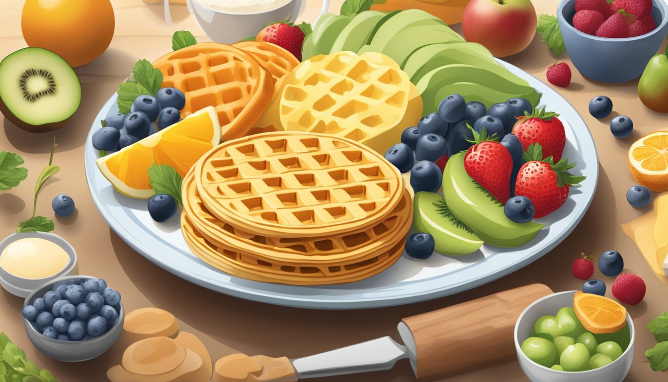 A plate of Eggo waffles surrounded by a variety of fruits, vegetables, and protein sources