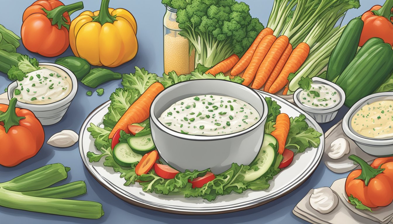 A bottle of Newman's Own ranch dressing overflowing onto a plate of vegetables