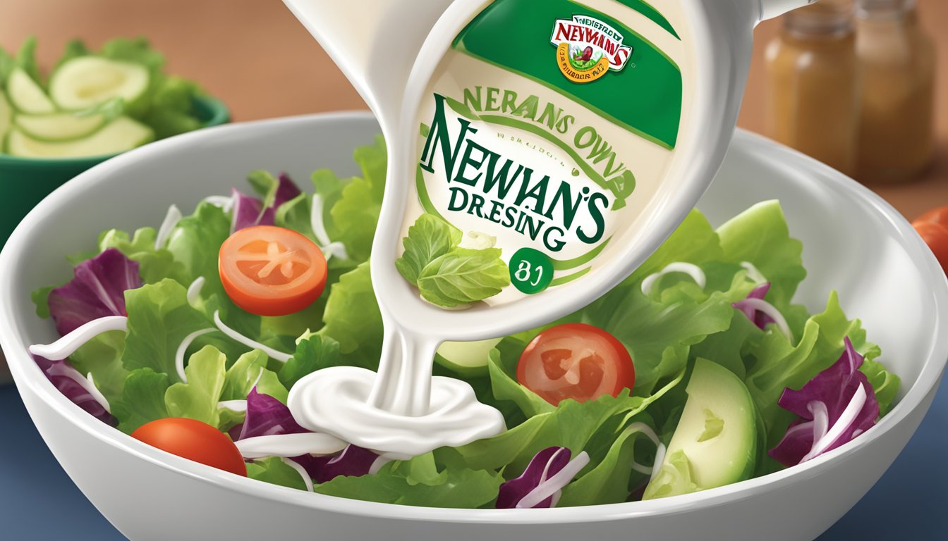 A bottle of Newman's Own ranch dressing pouring excessively over a salad