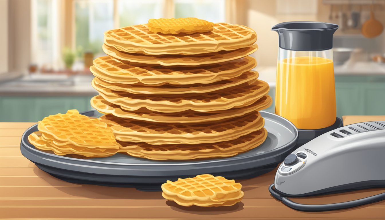 A stack of Eggo waffles piled high on a plate, with a crumb-filled toaster in the background