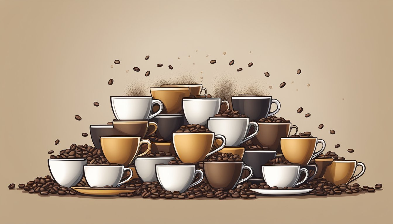 A stack of overturned coffee cups, some spilling over with beans, while others are filled to varying levels with liquid