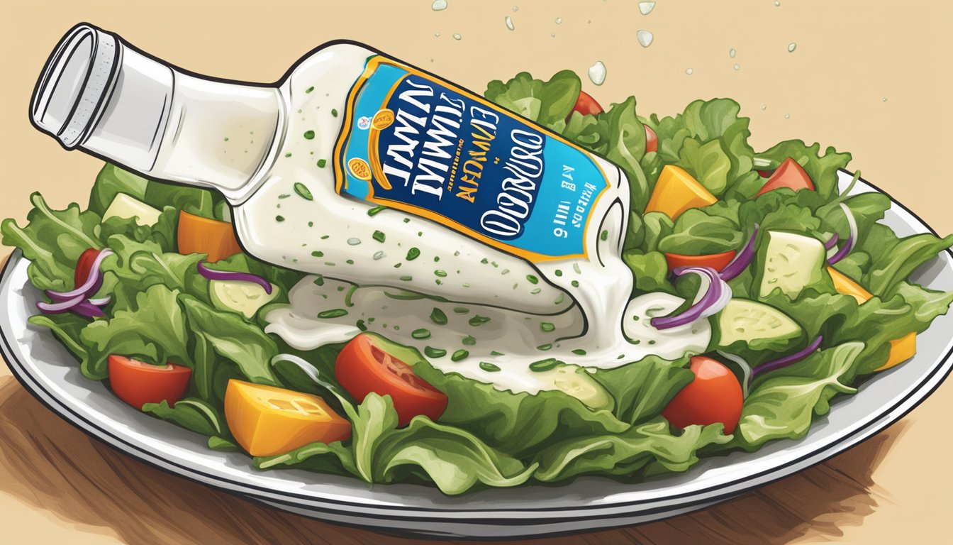 A bottle of Newman's Own ranch dressing pouring excessively over a salad