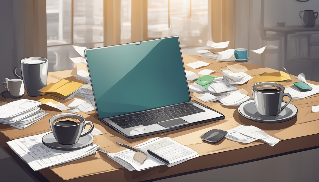 A table with multiple empty coffee cups, some spilled, surrounded by scattered papers and a laptop. A clock on the wall shows the passing of time