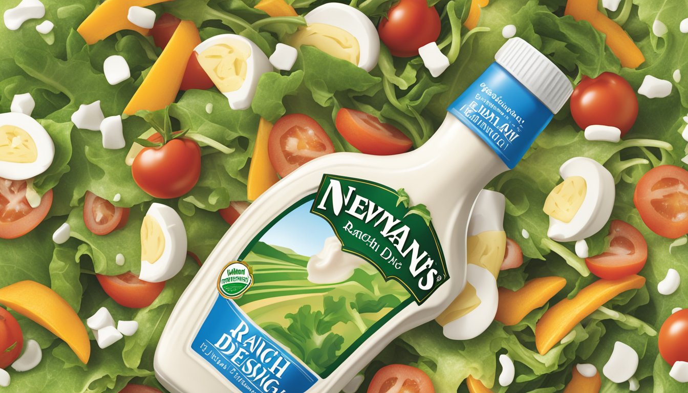 A bottle of Newman's Own ranch dressing pouring excessively over a salad