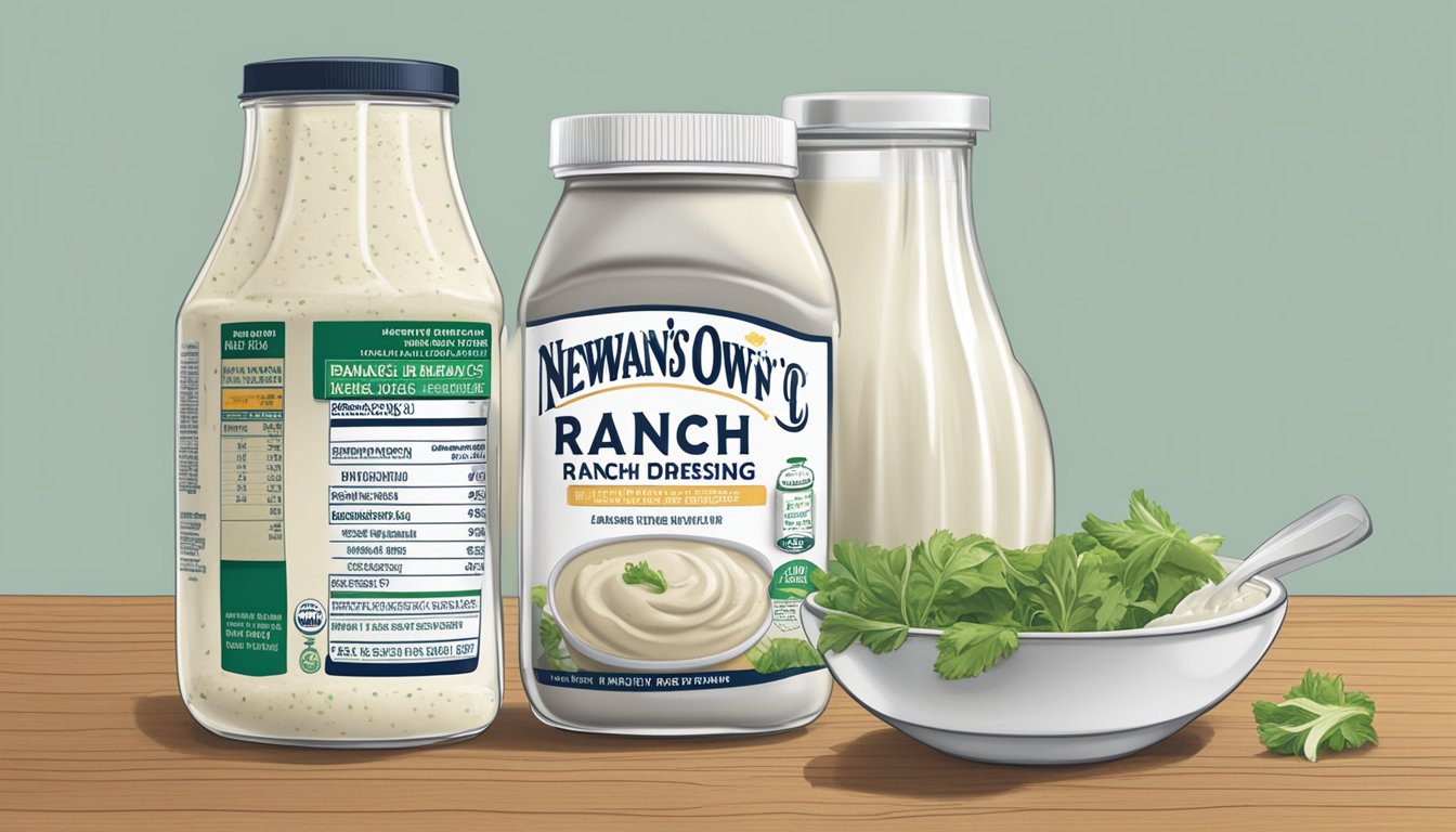 A table with multiple bottles of Newman's Own Ranch dressing, a measuring cup, and a daily intake chart