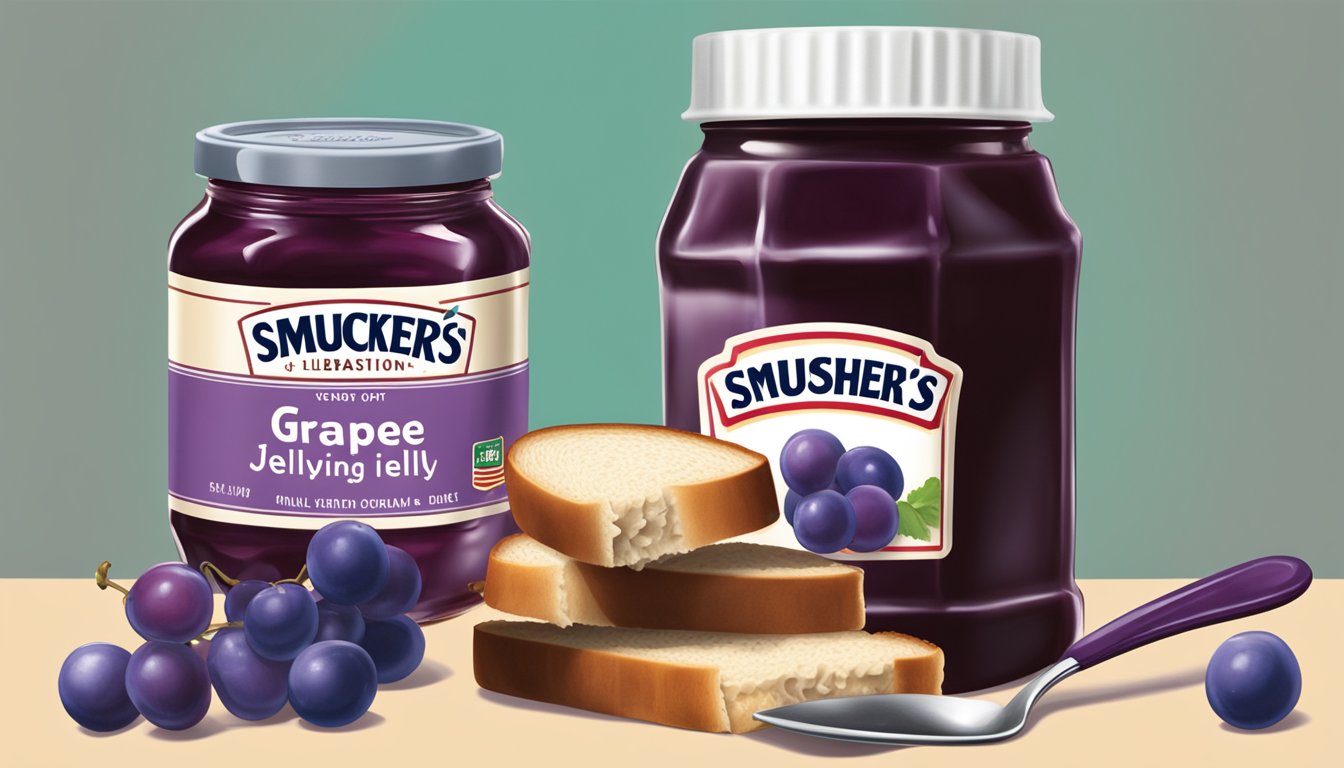 A jar of Smucker's grape jelly with a spoonful overflowing onto a slice of bread