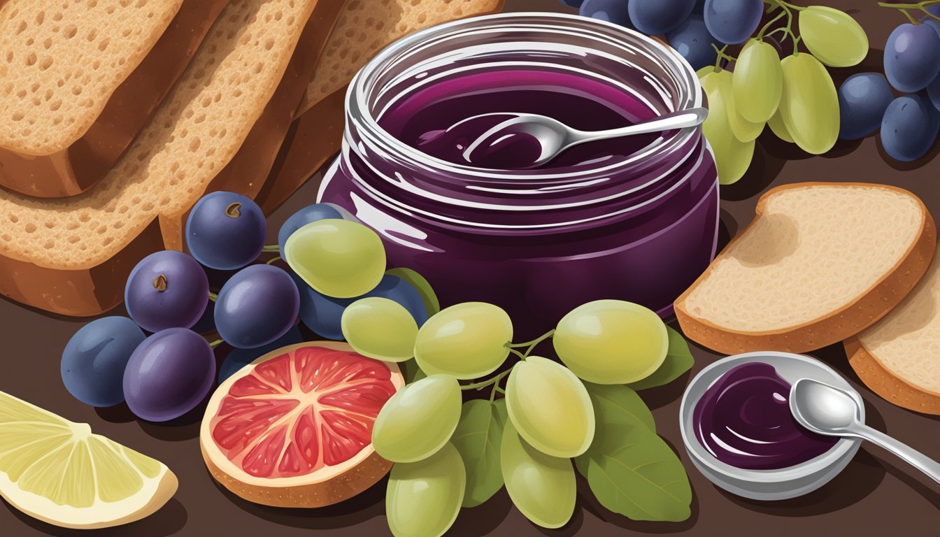 A jar of Smuckers grape jelly with a spoon next to it, surrounded by various fruits and bread slices