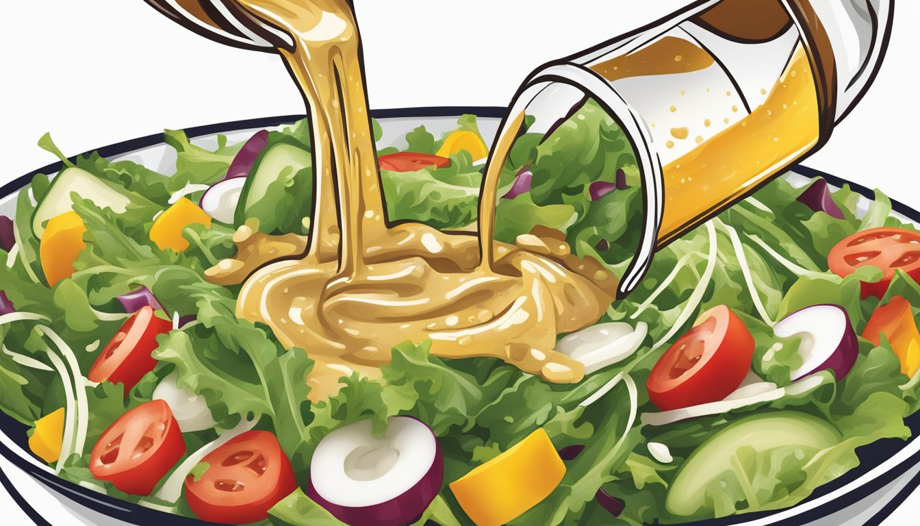 A bottle of Wishbone Italian dressing pouring excessively over a salad