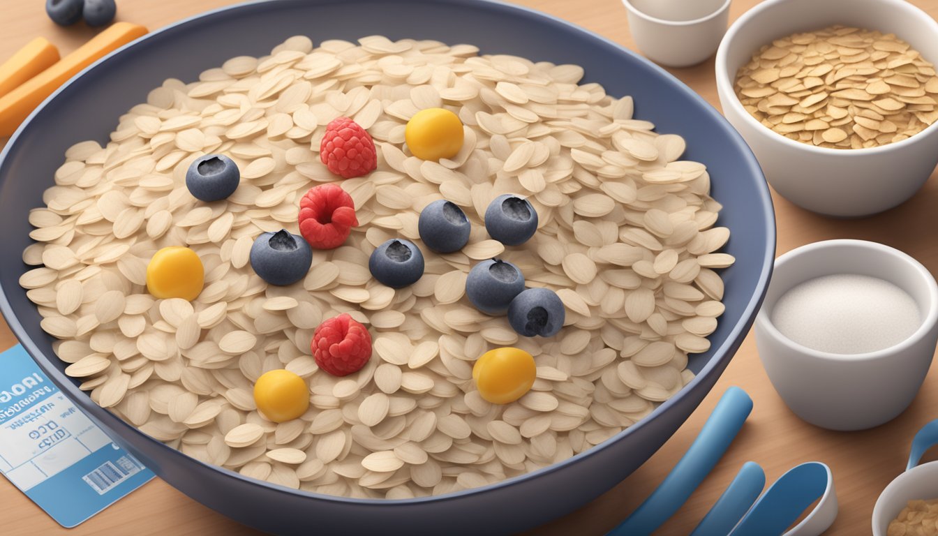 A bowl of Quaker oats overflowing with multiple servings, surrounded by measuring cups and a nutrition label