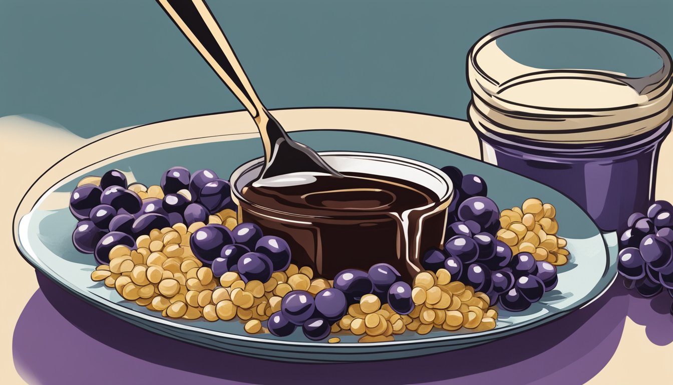 A table covered in jars of grape jelly, with a large spoon scooping out heaps onto a plate