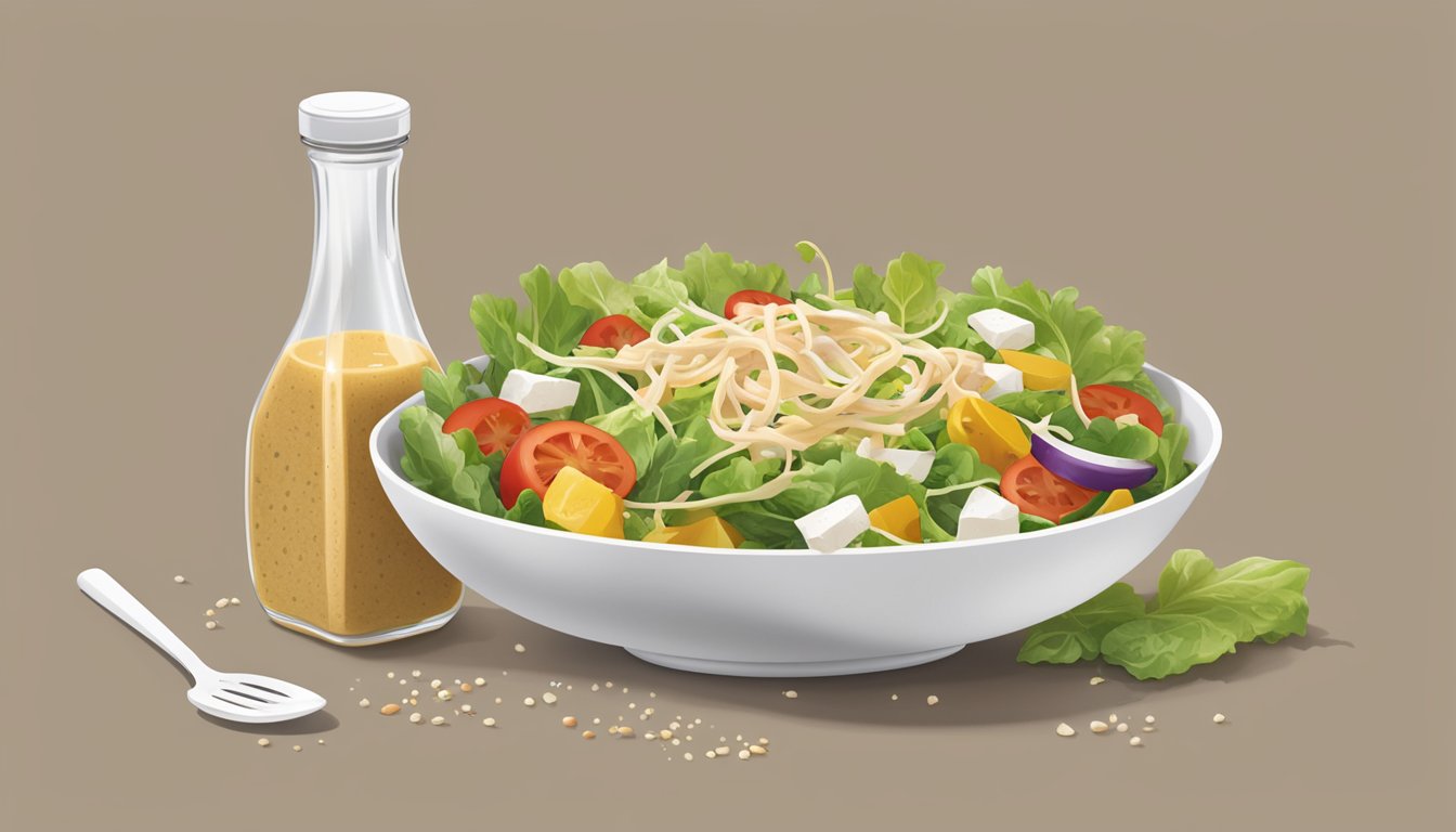 A bottle of Wishbone Italian dressing overflowing onto a salad, with a measuring cup nearby