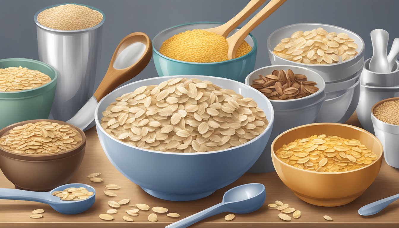 A bowl of Quaker oats overflowing with servings, surrounded by measuring cups and spoons