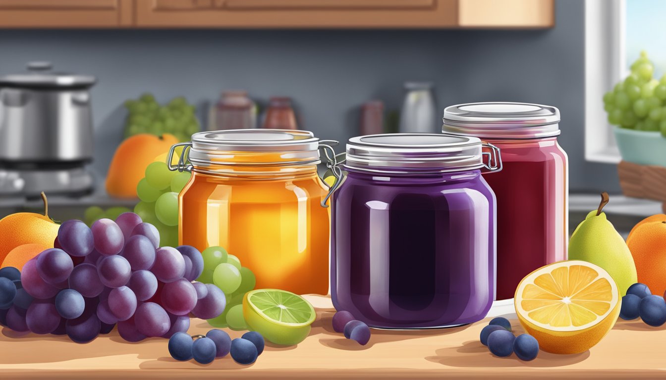 A jar of high-sugar grape jelly surrounded by various fresh fruits and a jar of low-sugar fruit spread on a kitchen counter